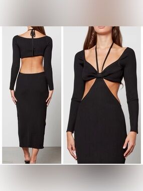 Cult Gaia Enzo Ribbed Knit Maxi Dress cut out halter long sleeve black XS